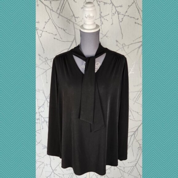 Kim & Co Black Stretch Knit Tie Neck Blouse Career Boss - Picture 1 of 4